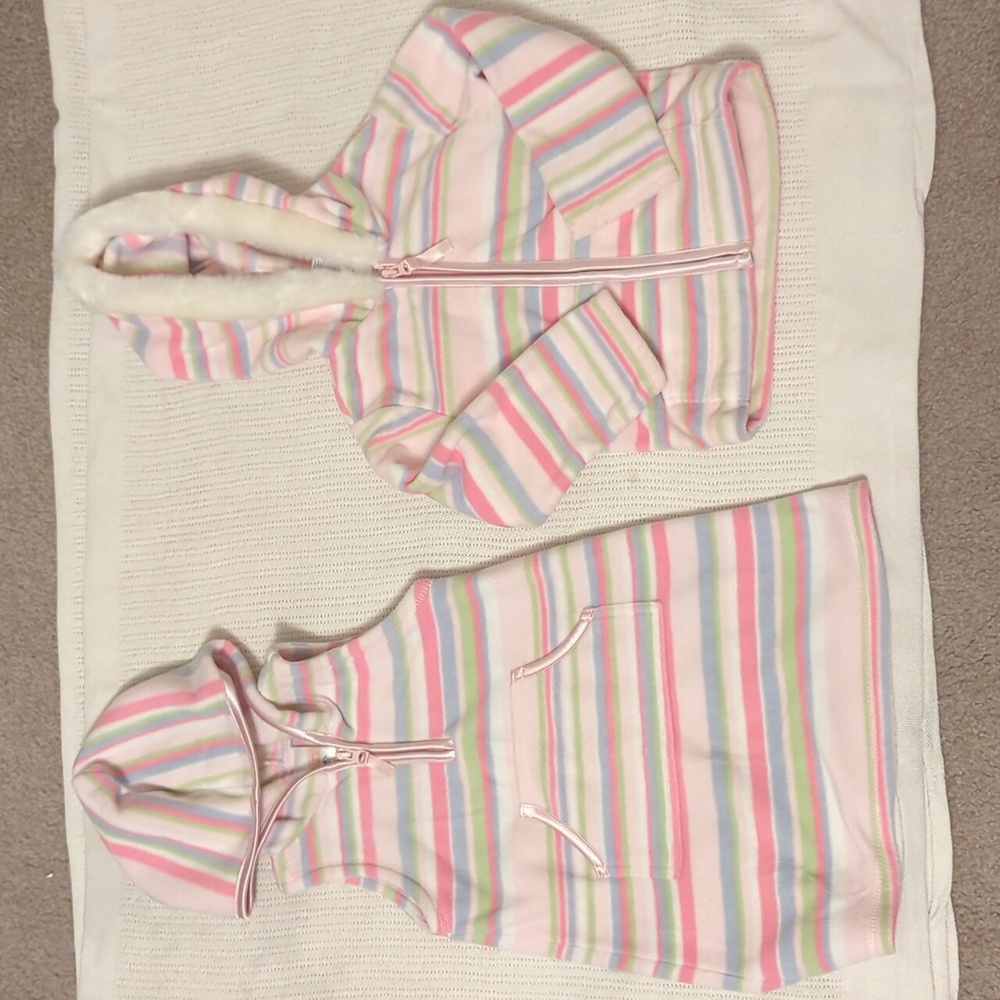 Old Navy matching stripe warm, fuzzy jacket and vest pink, green, and blue Sz 2T